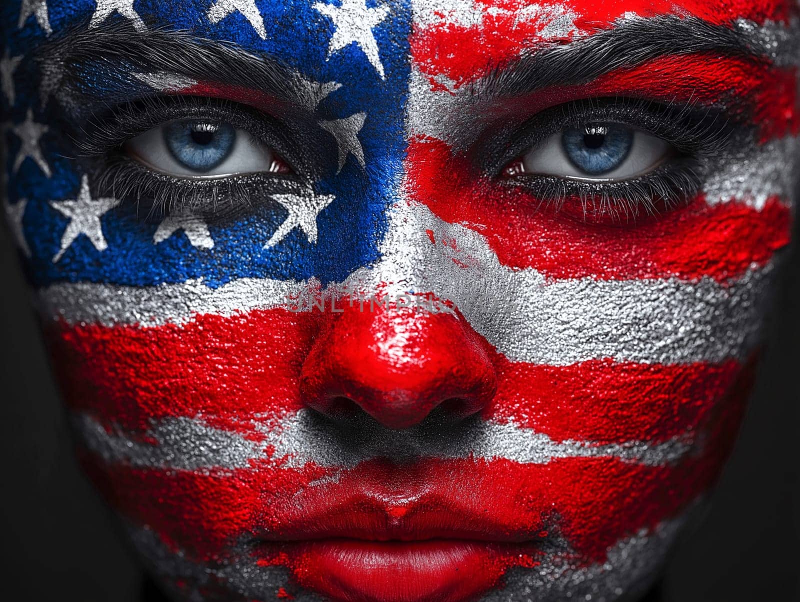 A woman's face is painted with the American flag. The woman's eyes are blue and she has a stern expression