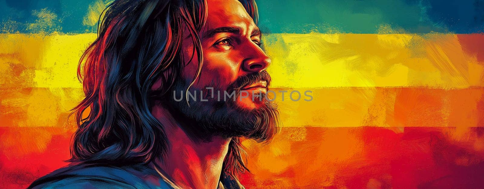 A man with a beard and long hair is looking at the camera. The image is a colorful painting of a man with a beard and long hair