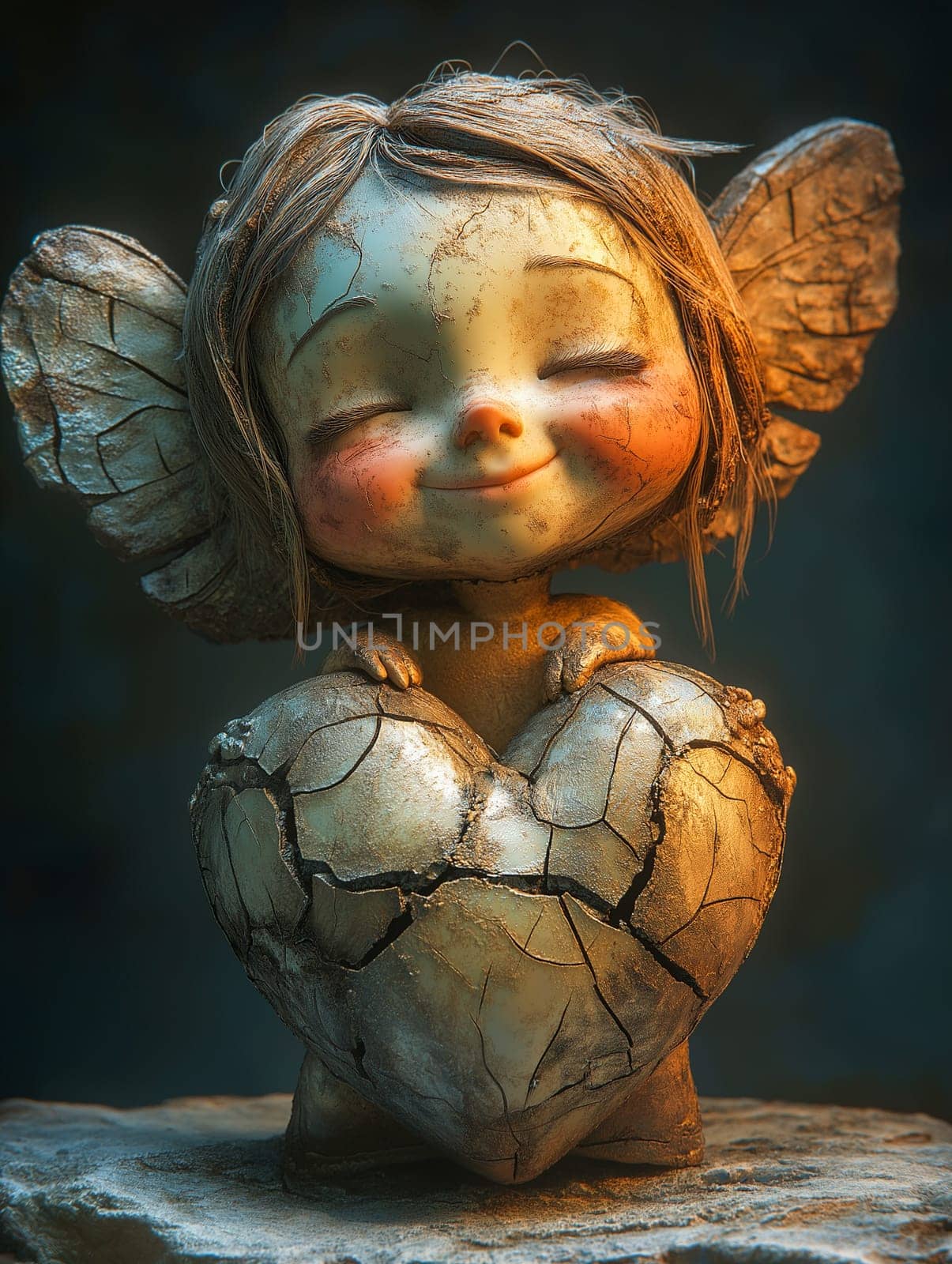 A small angel statue with a broken heart is sitting on a rock. The angel is smiling and he is happy despite the broken heart