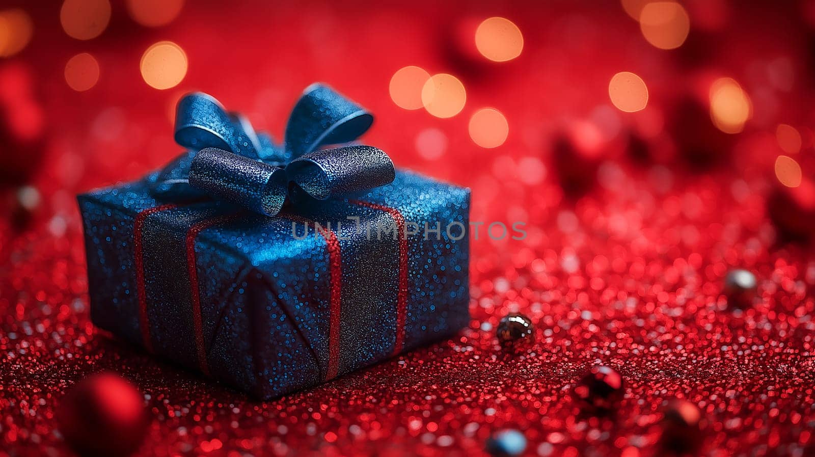 A blue box with a red bow sits on a red background. The box is decorated with glitter and the background is filled with red and blue balls. The image conveys a festive and joyful mood