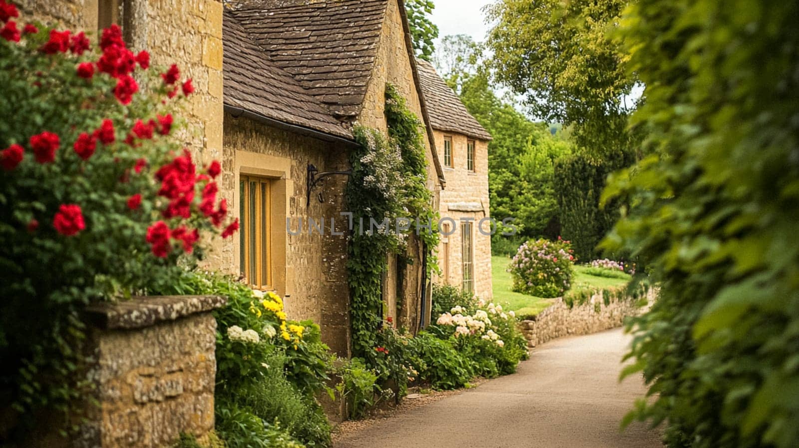 Cotswolds cottage and garden in the English countryside style, modern architecture and design idea