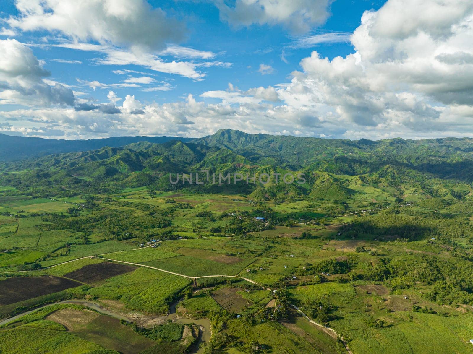Farmland with growing crops and sugar cane in a mountain valley. Negros, Philippines