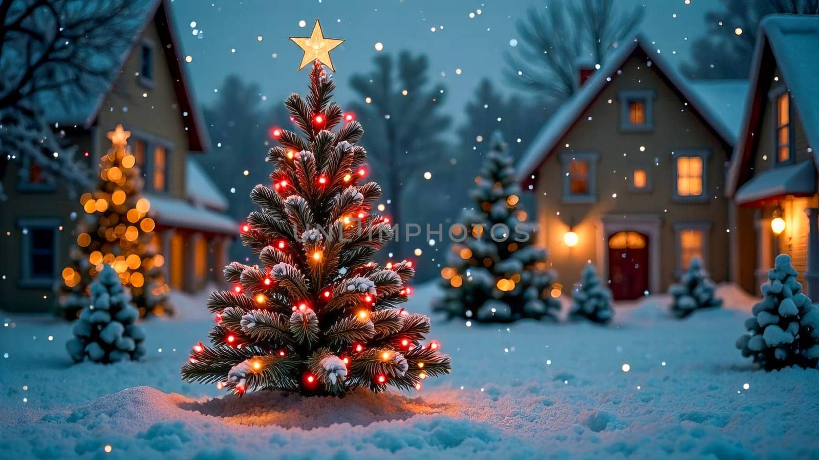 3D Christmas tree against the background of village houses. AI generated.