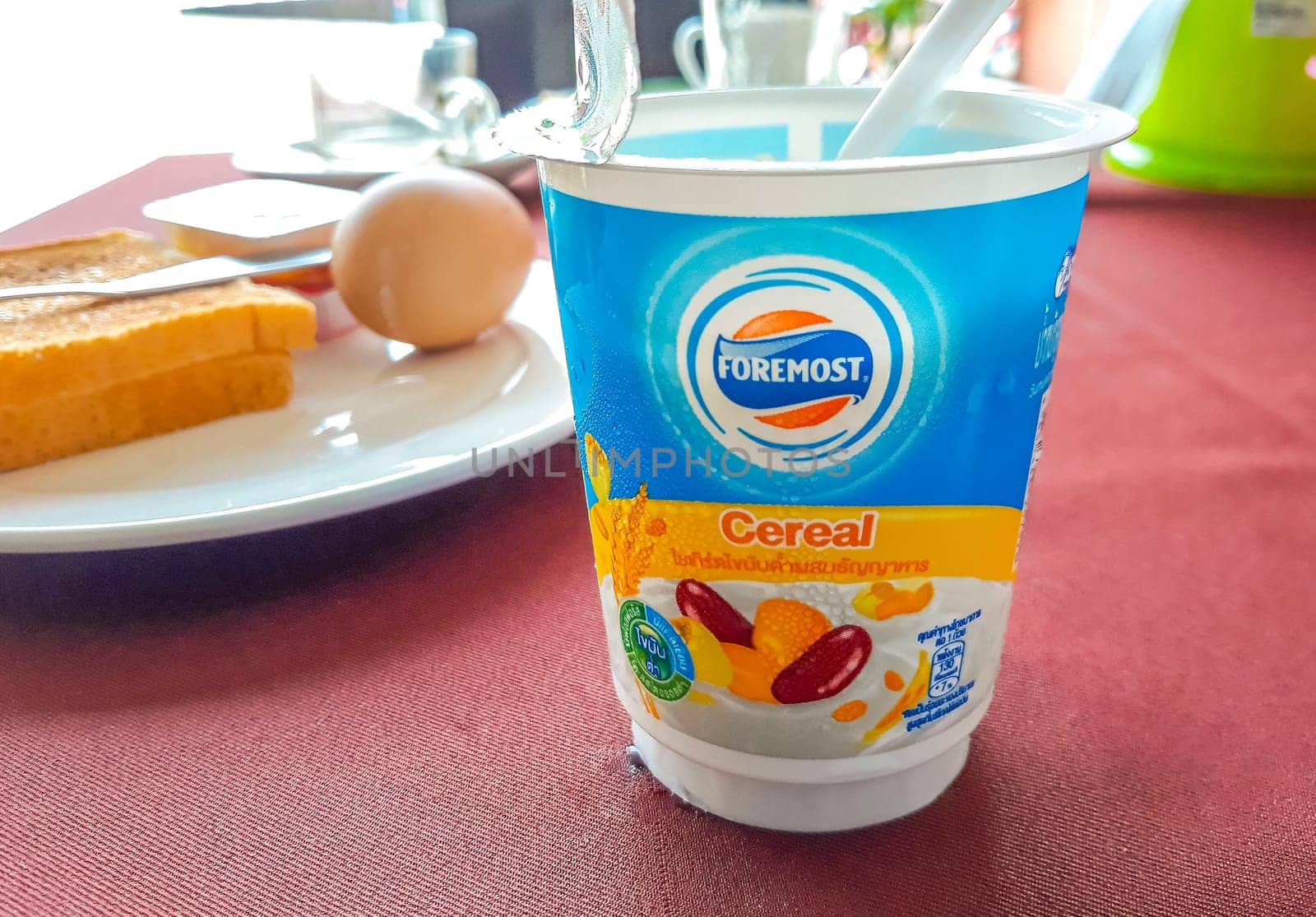 Foremost Thai yogurt yoghurt low fat with cereal in Naithon Beach Sakhu Thalang on Phuket island Thailand in Southeastasia Asia.