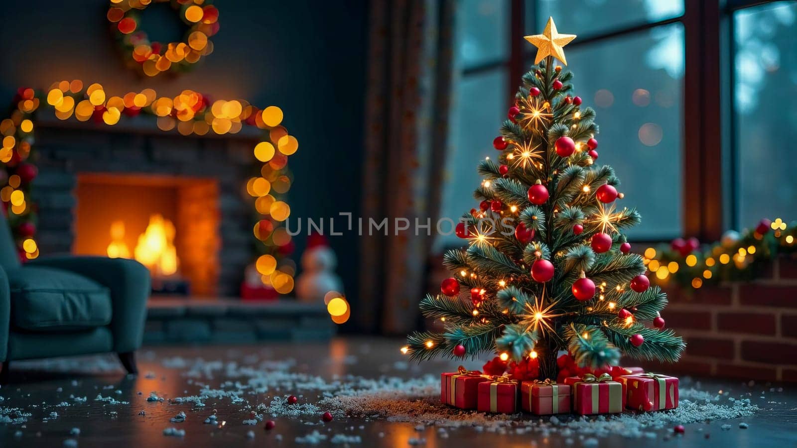 3D Christmas tree in the room. AI generated.