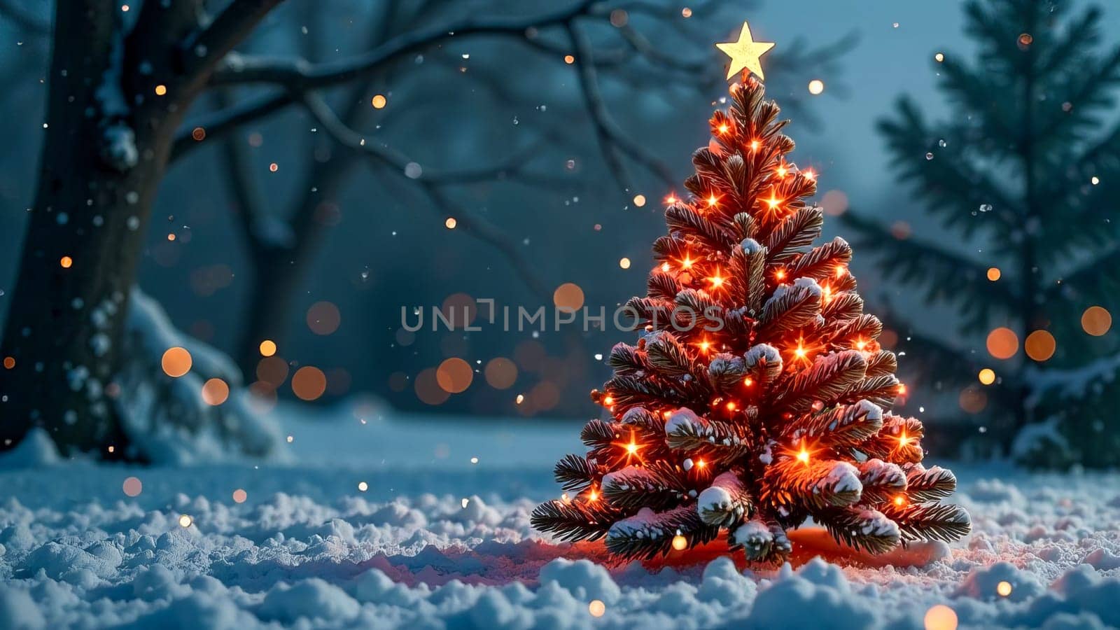 3D Christmas tree against the background of a winter forest. AI generated.