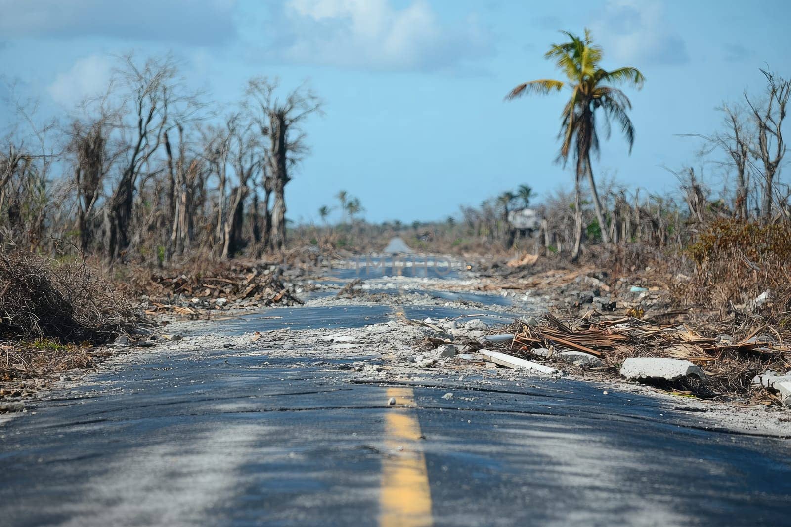 A road with a palm tree in the background. The road is damaged and has debris on it