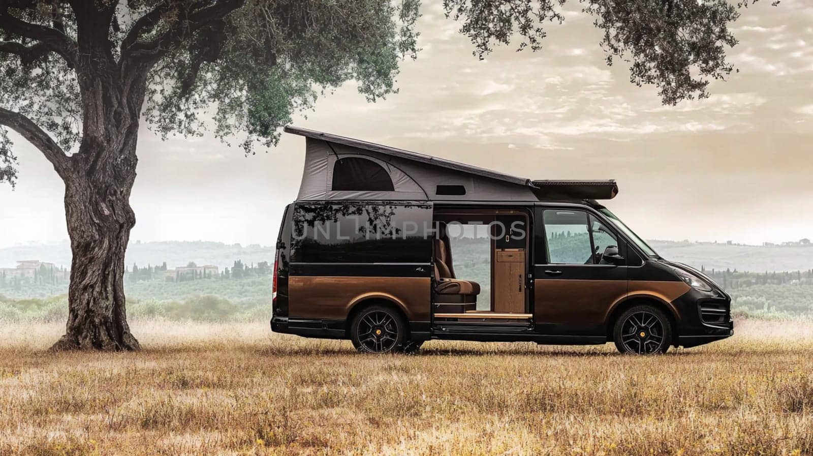 Modern and luxurious camper van parked in a peaceful countryside setting under the shade of an olive tree, offering a perfect escape in the heart of nature