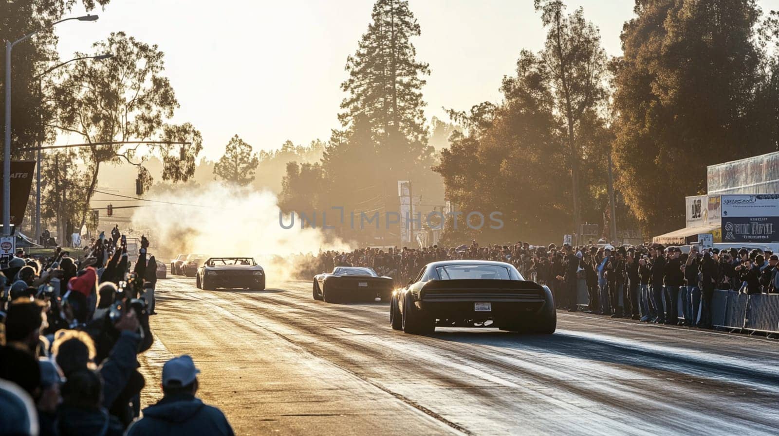 Powerful sports cars race through city streets at sunset, leaving a trail of smoke, thrilling spectators with high speed action