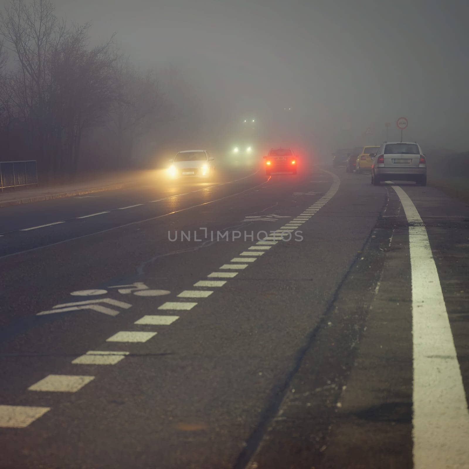 Car traveling on the foggy road with headlights or headlamps on. Low visibility - Dangerous driving of cars in winter in bad weather