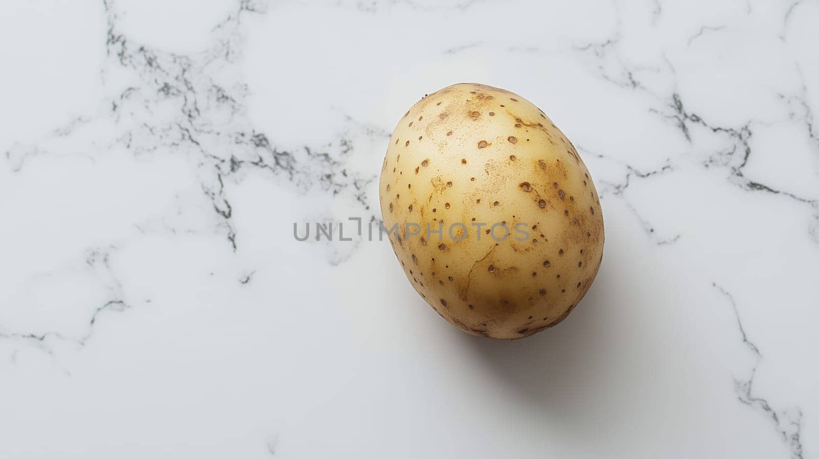 Potato on marble countertop close-up, food photography concept.