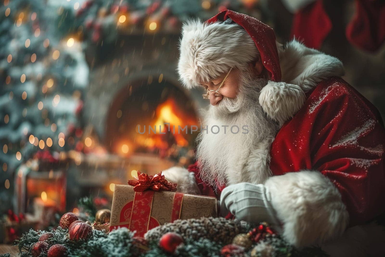 Santa, with his fluffy white beard, lovingly wraps gifts by a warm fireplace, surrounded by festive decor.