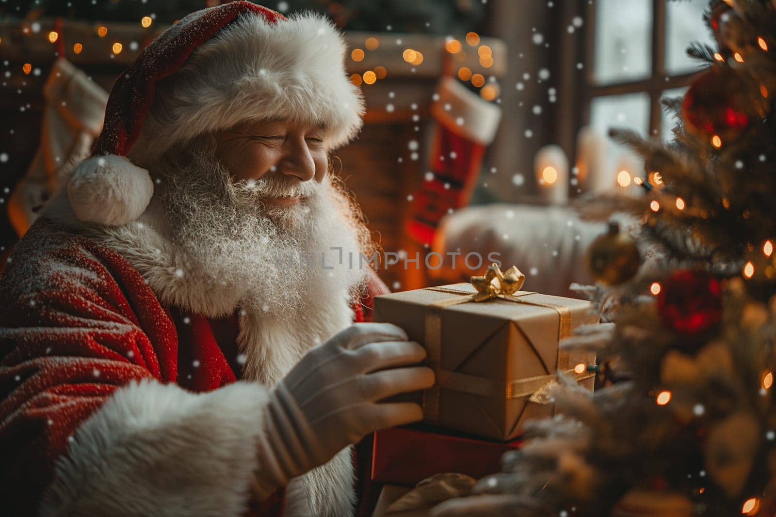 Santa smiles warmly while arranging beautifully wrapped presents under a glowing Christmas tree.