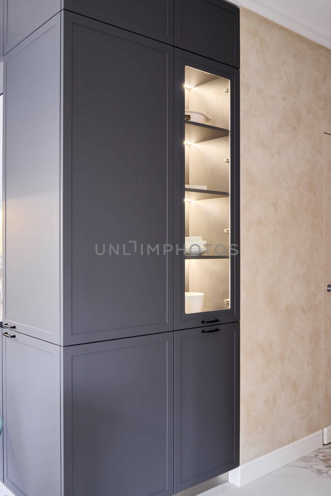 This sleek kitchen cabinet showcases glass display shelves along with a modern and contemporary design