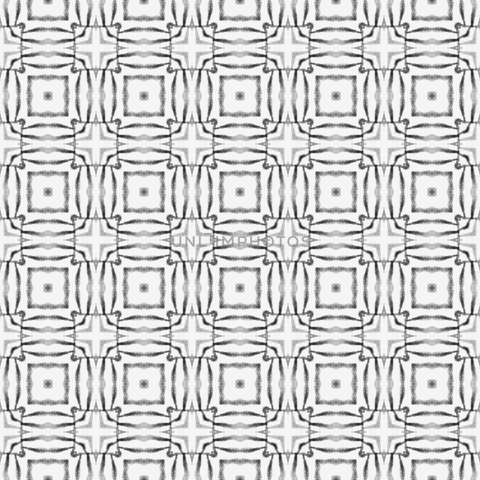 Tiled watercolor background. Black and white good-looking boho chic summer design. Textile ready pleasing print, swimwear fabric, wallpaper, wrapping. Hand painted tiled watercolor border.