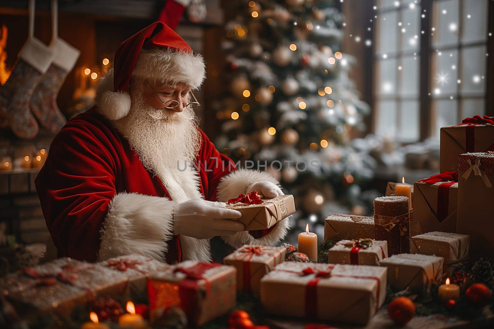 Jolly Santa examines a small, nicely wrapped present amid a cozy atmosphere filled with Christmas joy.