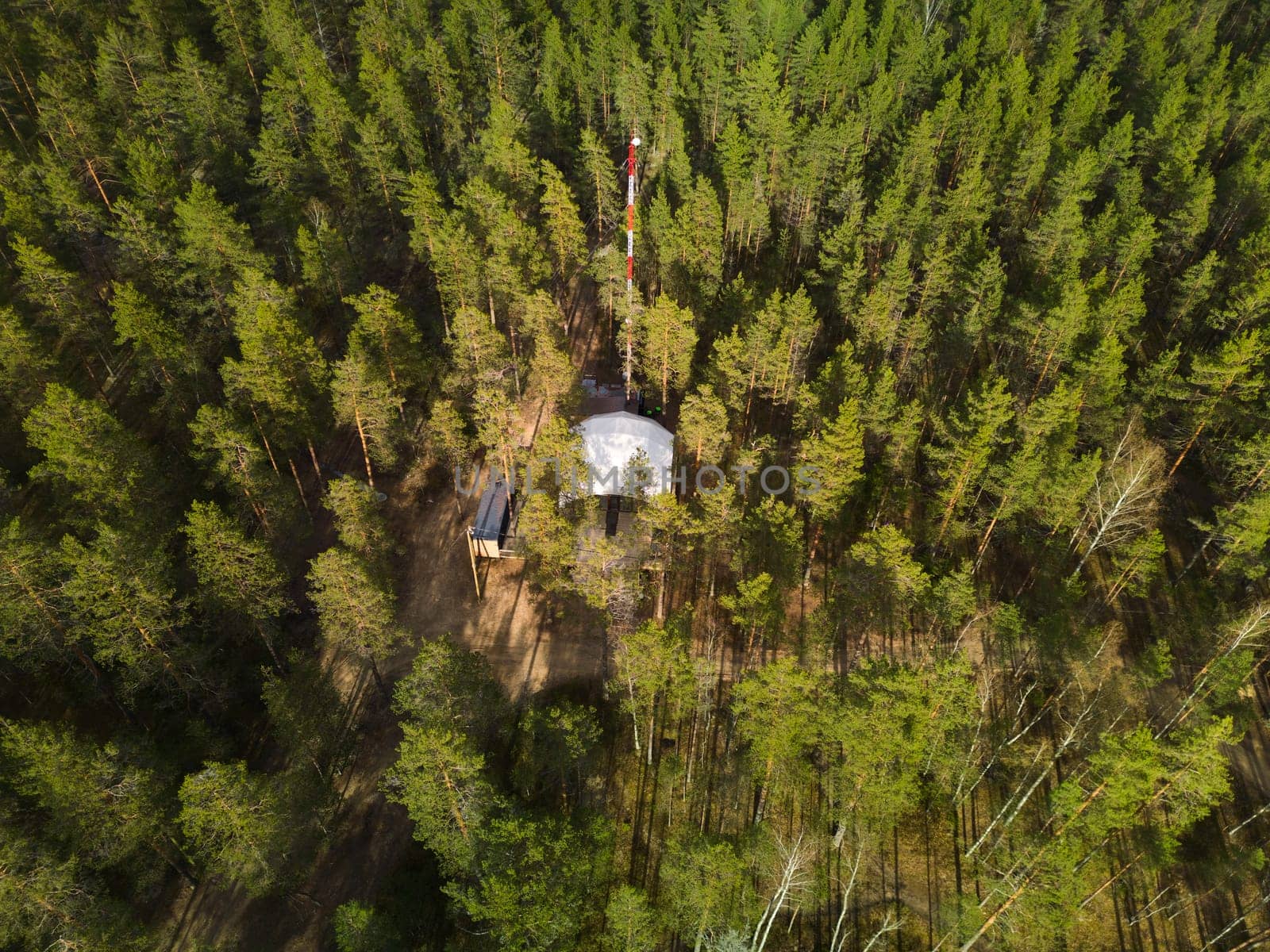 A breathtaking aerial view showcases a tranquil cabin beautifully situated within layers of a lush green forest