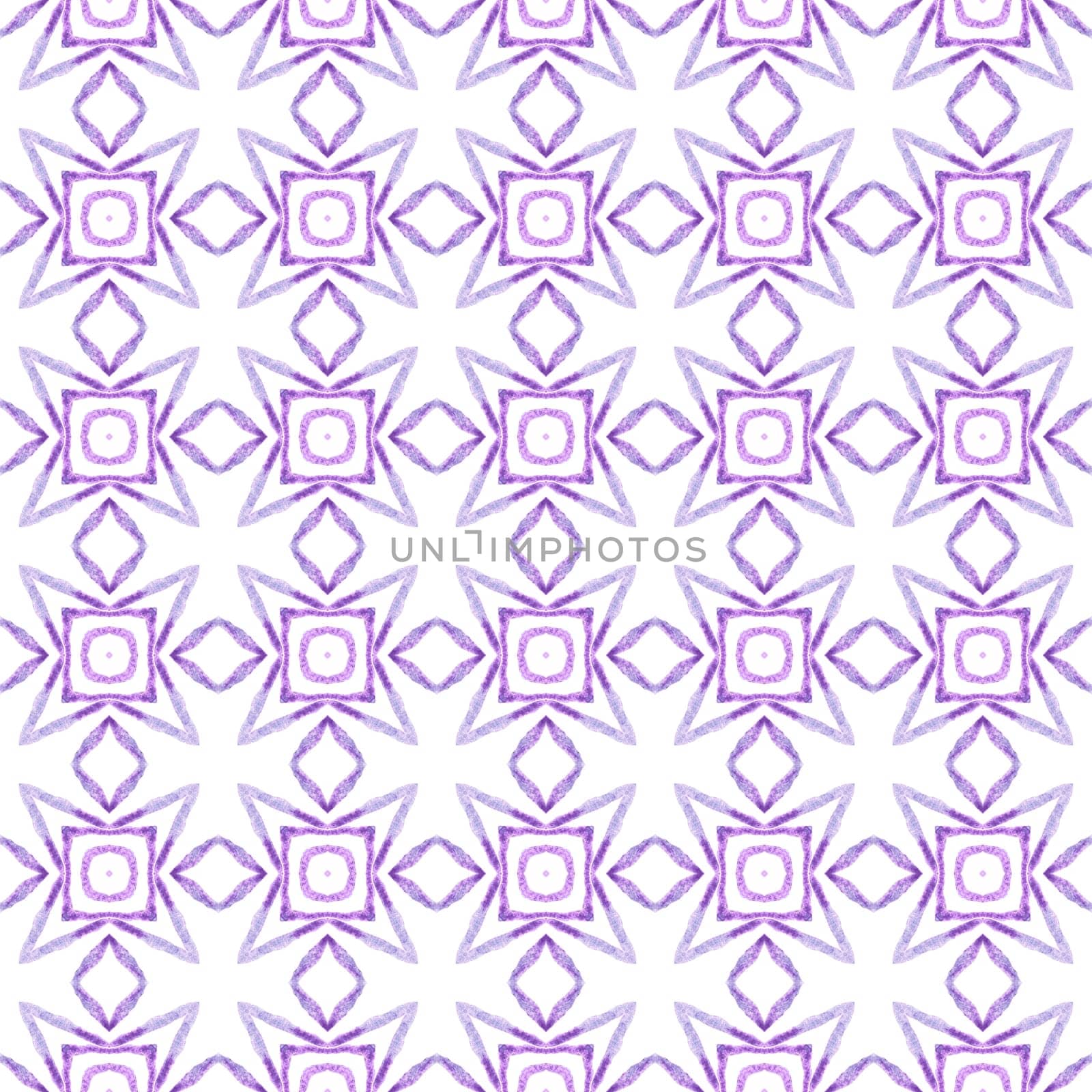 Textile ready excellent print, swimwear fabric, wallpaper, wrapping. Purple extraordinary boho chic summer design. Watercolor summer ethnic border pattern. Ethnic hand painted pattern.
