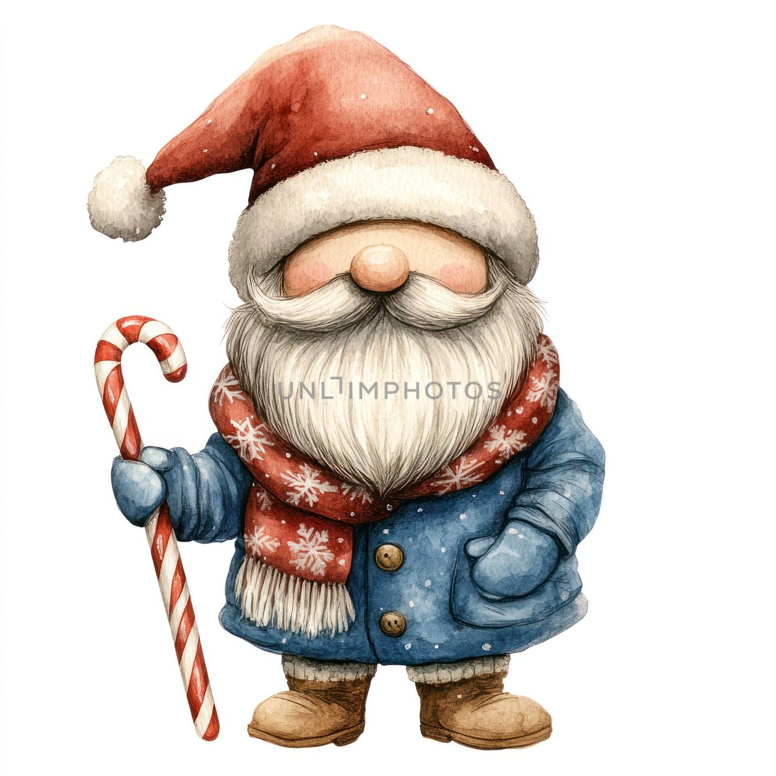 Watercolor Festive gnome with red hat, blue coat, and candy cane, spreading joy.