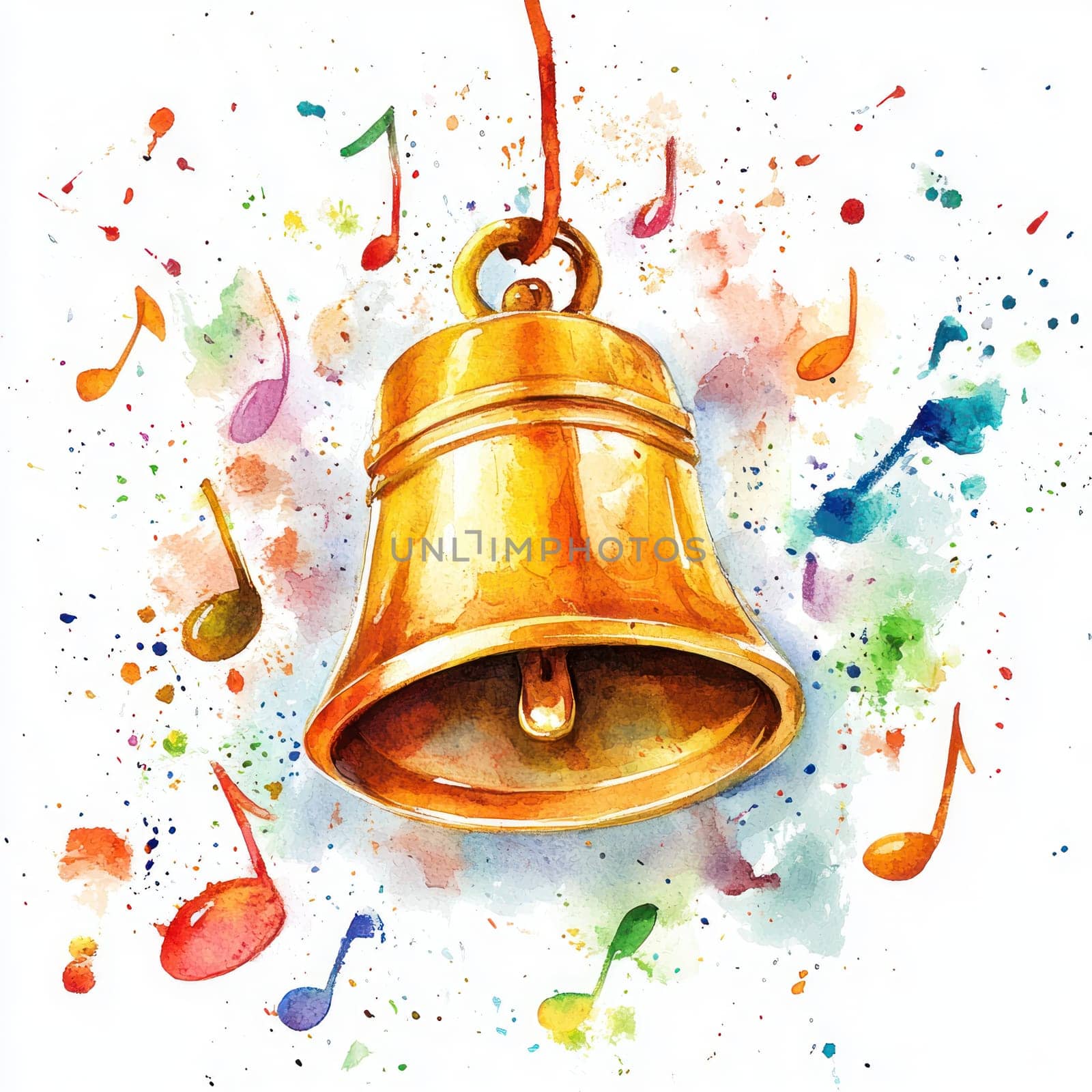 Watercolor vibrant golden bell surrounded by colorful musical notes and splashes.