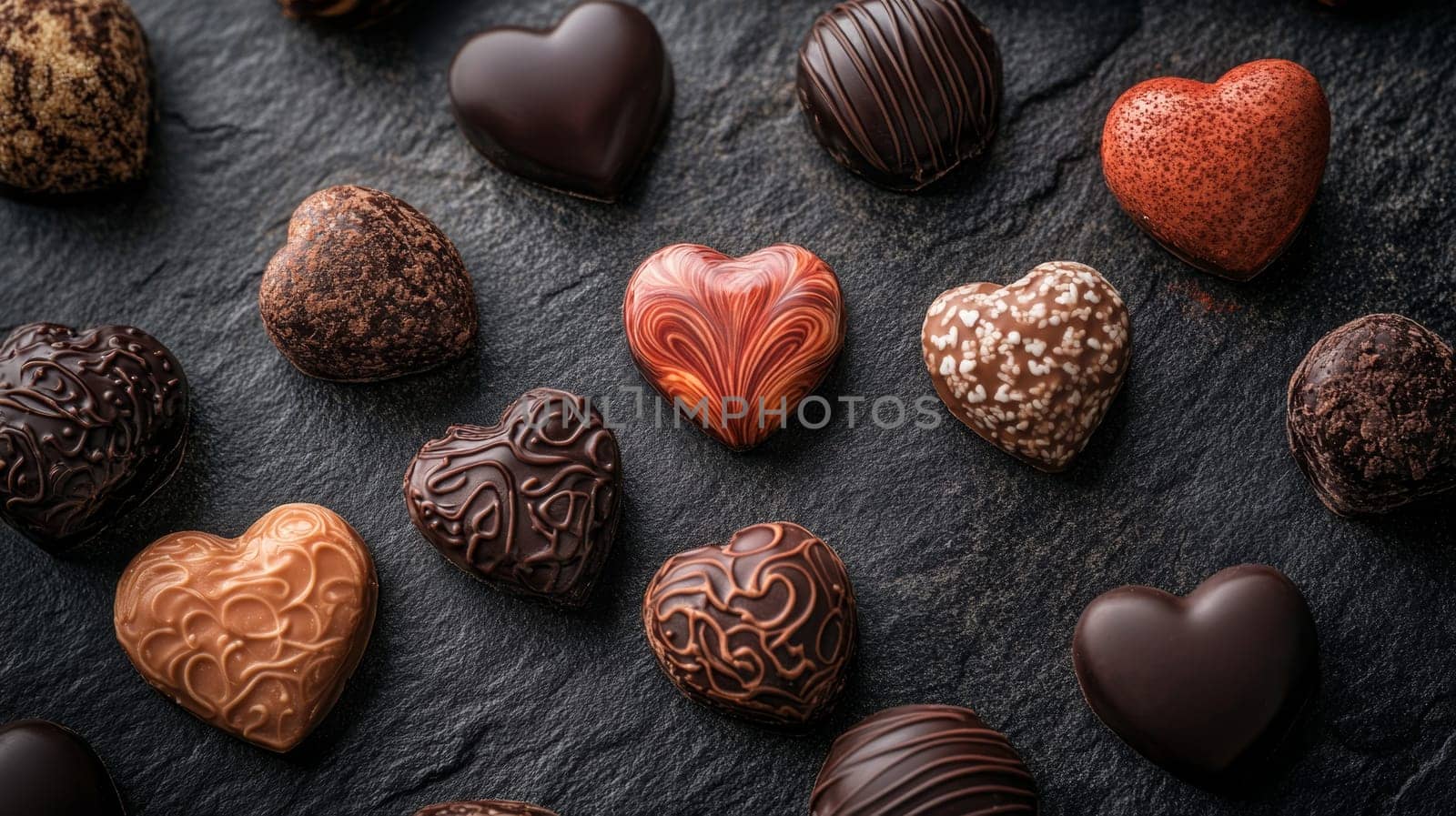 Heart-shaped chocolate pralines on black slate background, gourmet sweets collection. Indulgent luxury and romantic celebration concept.