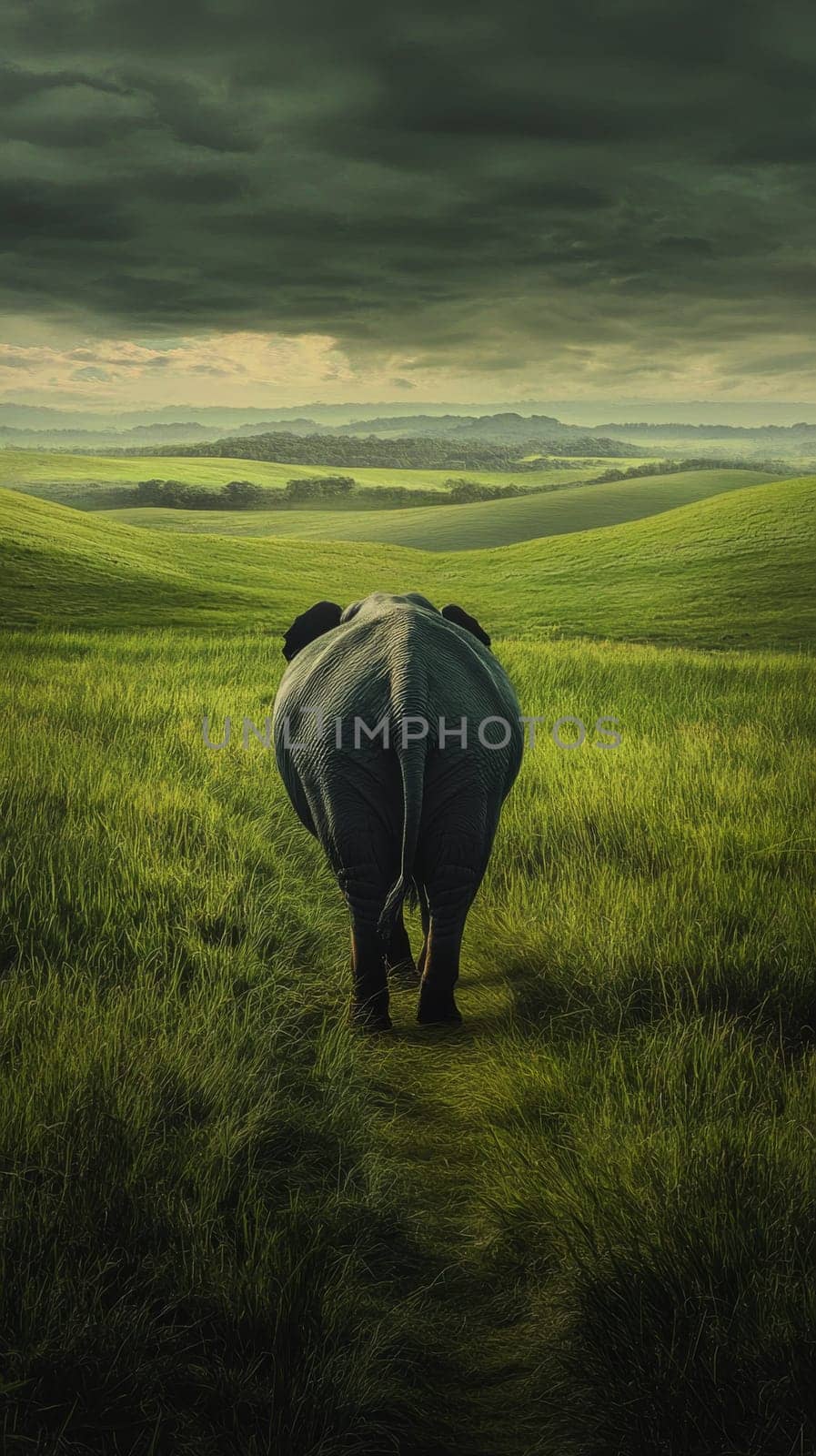 Elephant walking through verdant grassy hills under cloudy sky, tranquil wildlife and nature concept.