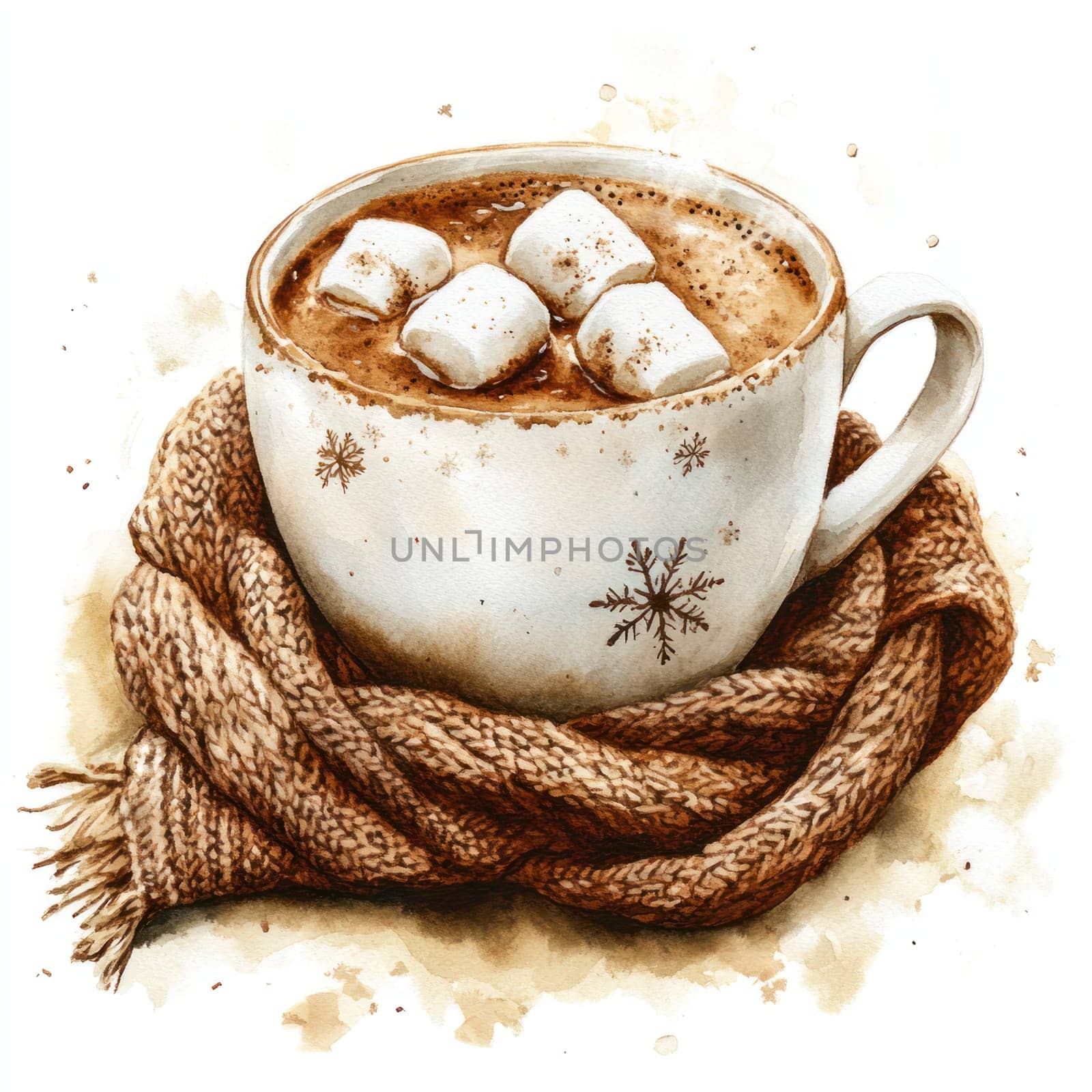 Watercolor Warm cocoa with marshmallows in cozy cup, wrapped in scarf.