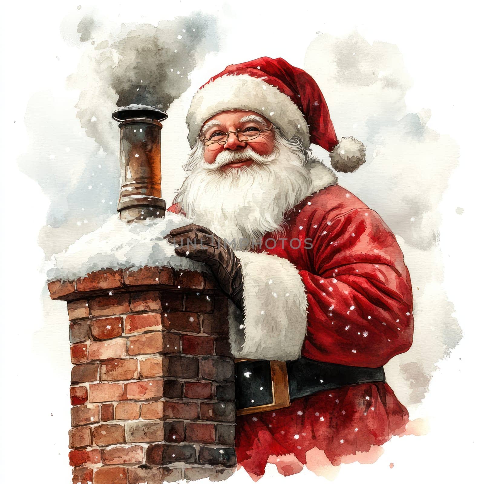 Watercolor Santa Claus smiles warmly while standing by brick chimney, surrounded by falling snow. His red suit and fluffy white trim create festive atmosphere, evoking joy and holiday spirit.