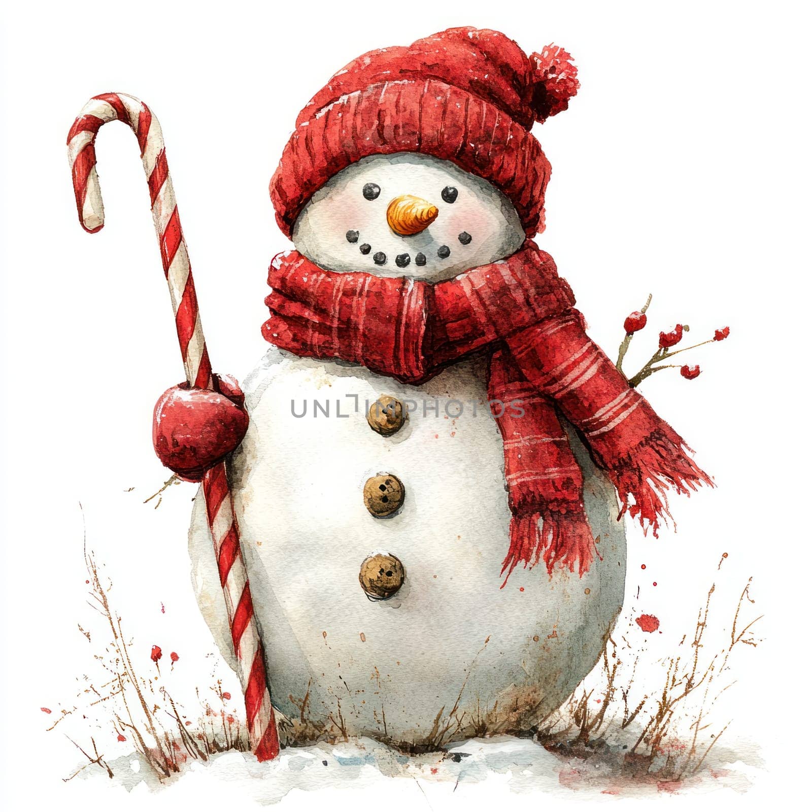 Watercolor Cheerful snowman with red scarf and hat holding candy cane.