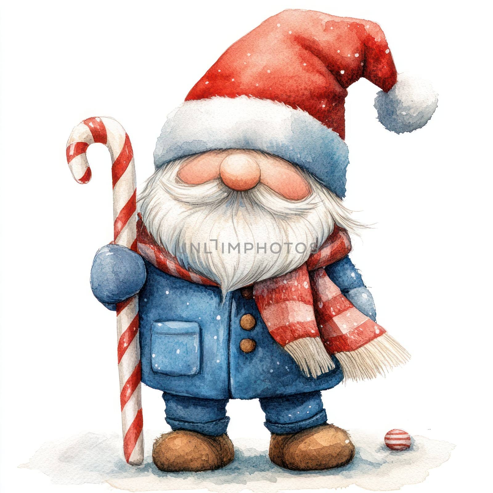 Watercolor Festive gnome with candy cane, wearing red hat and blue coat.