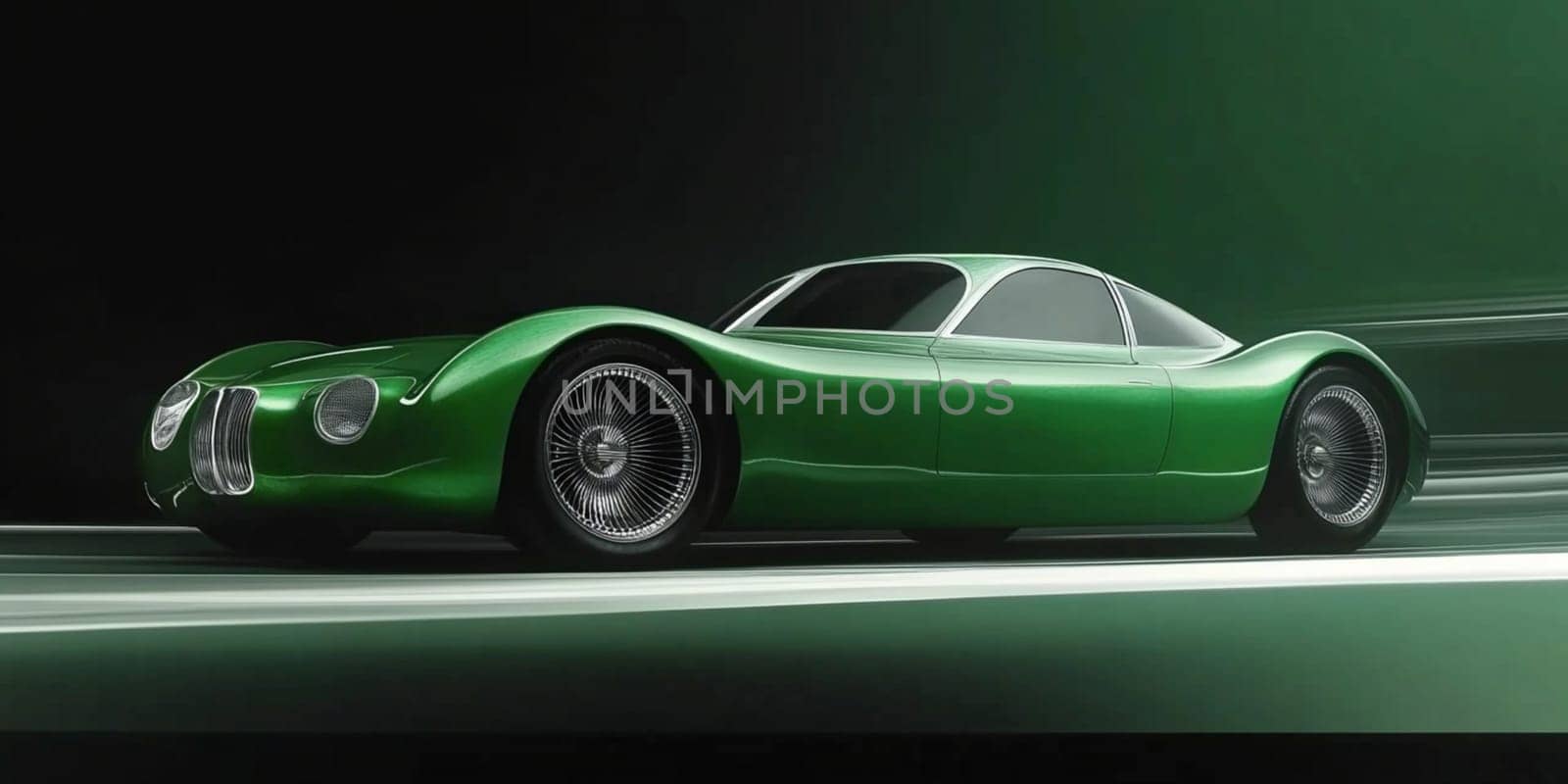 Green sports car speeds through a dark studio with billowing smoke, exuding power and elegance