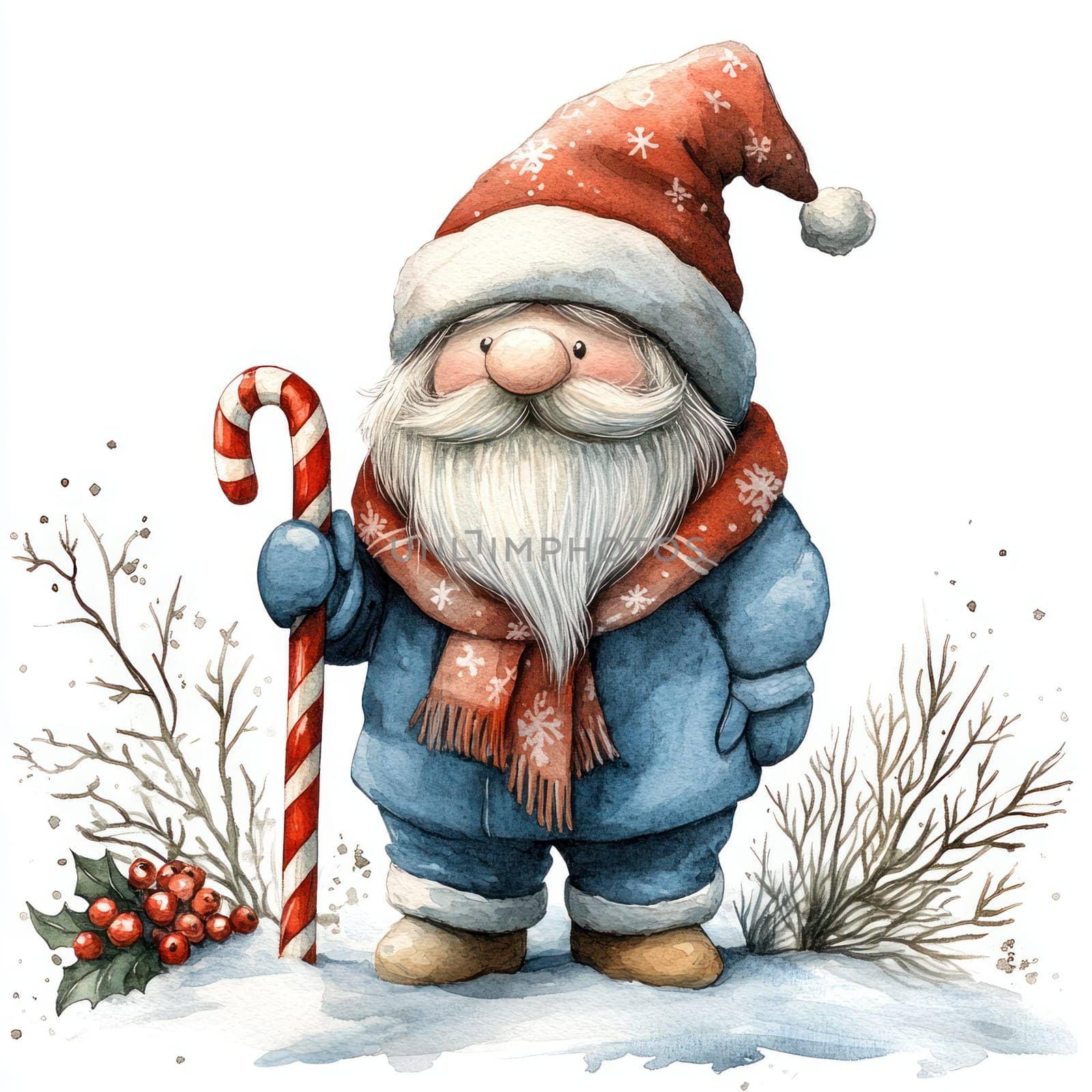 Watercolor Festive gnome with candy cane, wearing red hat and scarf.