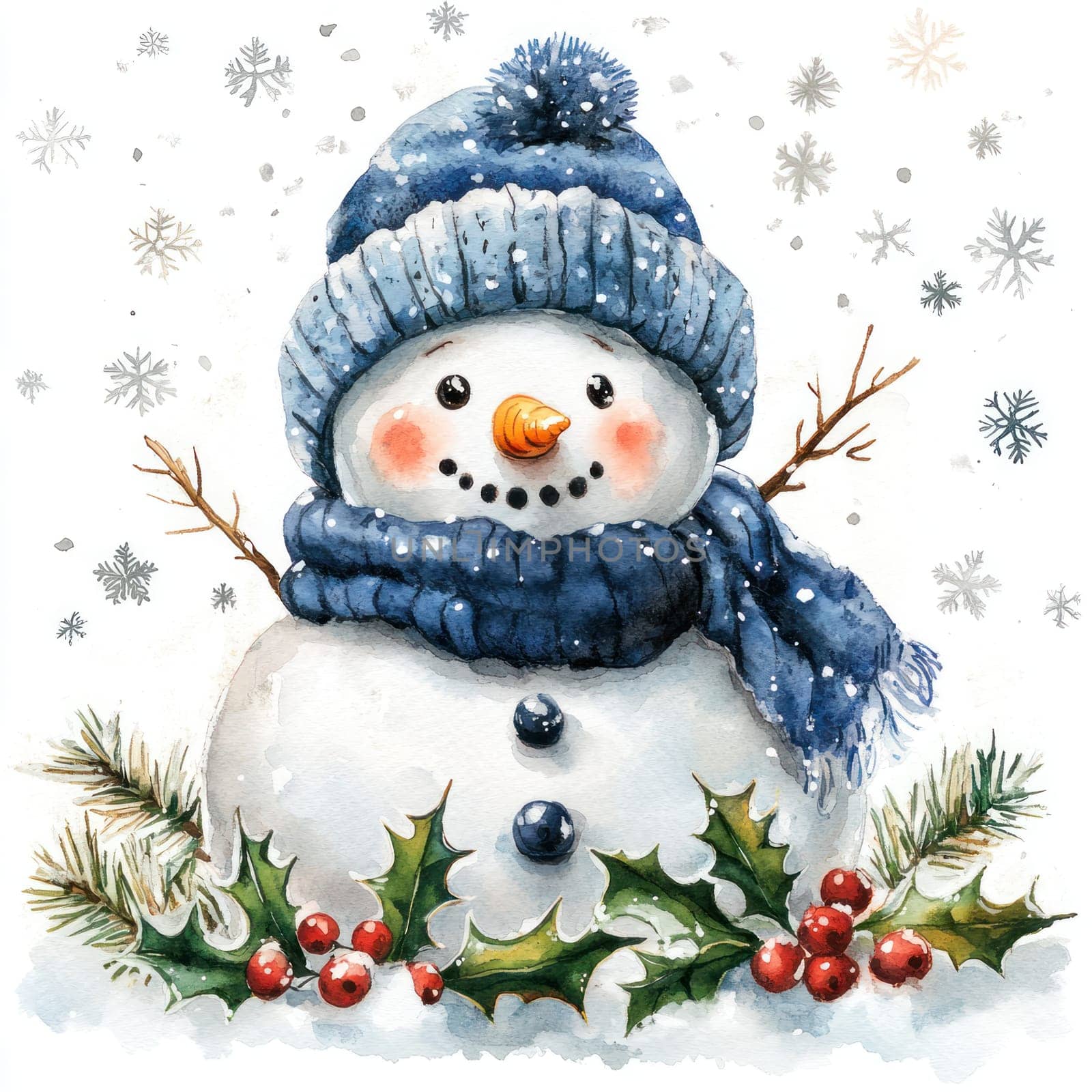 Watercolor Cheerful snowman wearing blue hat and scarf, surrounded by holly.