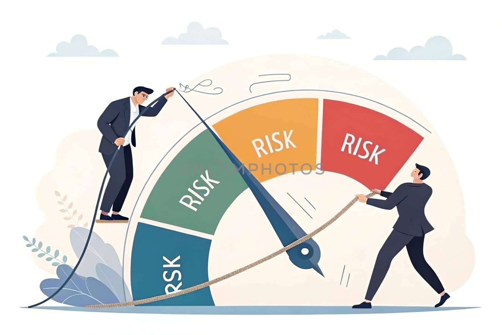 This image depicts the intricate process of risk management. Two businessmen are working together to adjust the needle on a large risk meter. The meter is divided into different colored zones, representing varying levels of risk. The businessman on the left is actively pulling a rope attached to the needle, indicating his efforts to mitigate risk. The other businessman is observing the process, possibly analyzing data or making adjustments.