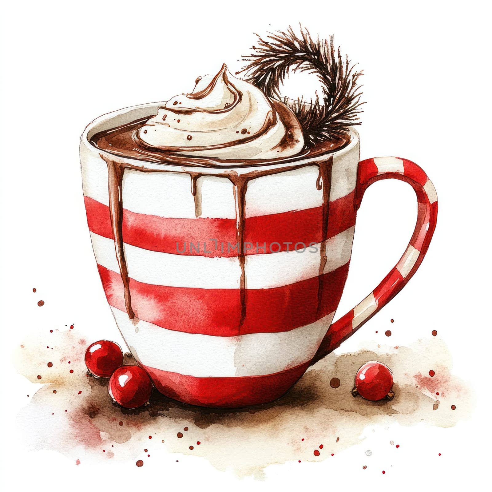 Watercolor Delicious hot chocolate in red and white striped mug with cream.