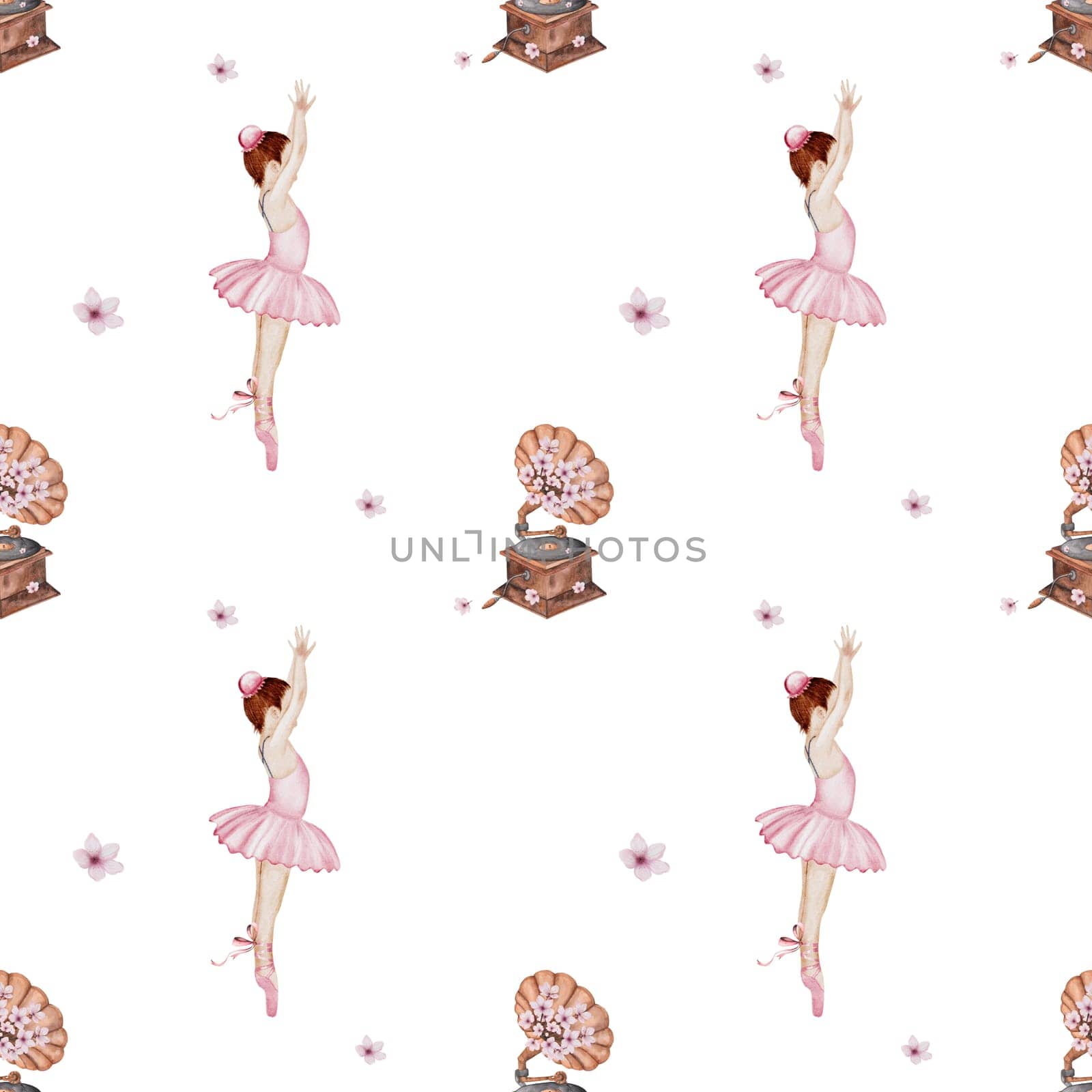 Ballet watercolor pattern. Little ballerina.Hand drawn seamless incredible girl dancer in pink tutu skirt with gramophone. Clip art on isolated white background of cute ballet beauty.Ideal for baby textiles