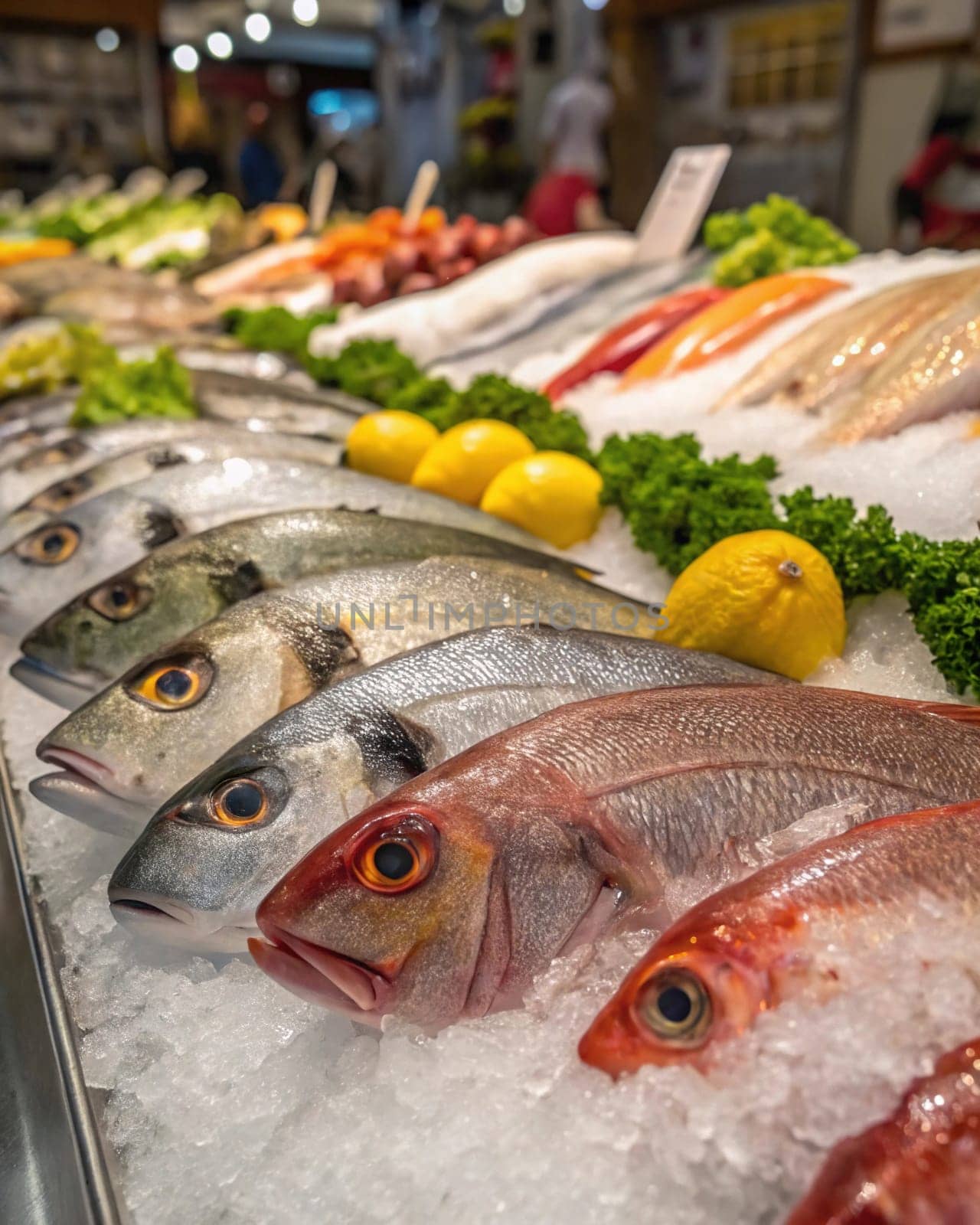 Seafood Market Display. A colorful display of fresh fish on ice at a local market. A variety of fish species, including snapper, grouper, and yellowtail, are showcased. The fish are displayed on a bed of ice to keep them fresh. The market offers a wide selection of seafood for customers to choose from. The vibrant colors of the fish create a visually appealing display.