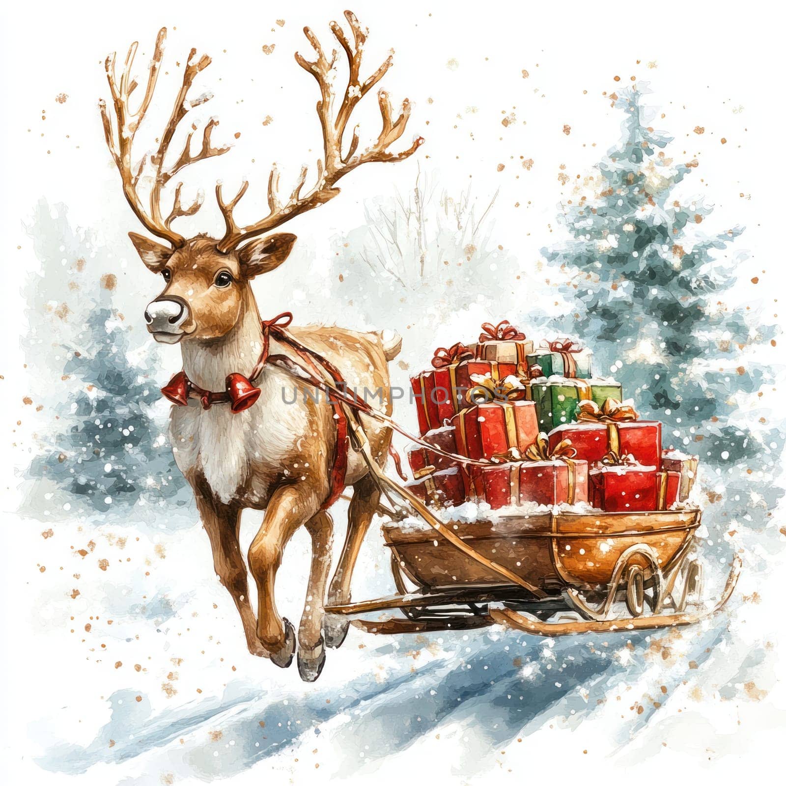 Watercolor reindeer pulls sled filled with colorful gifts through snowy landscape.