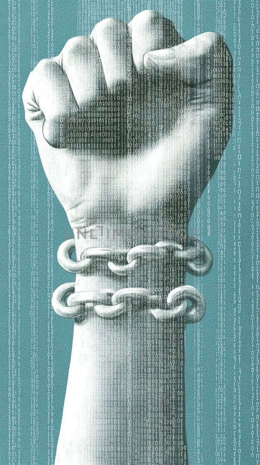 Powerful illustration depicting a clenched fist bound by a chain, symbolizing the struggle against digital censorship and surveillance