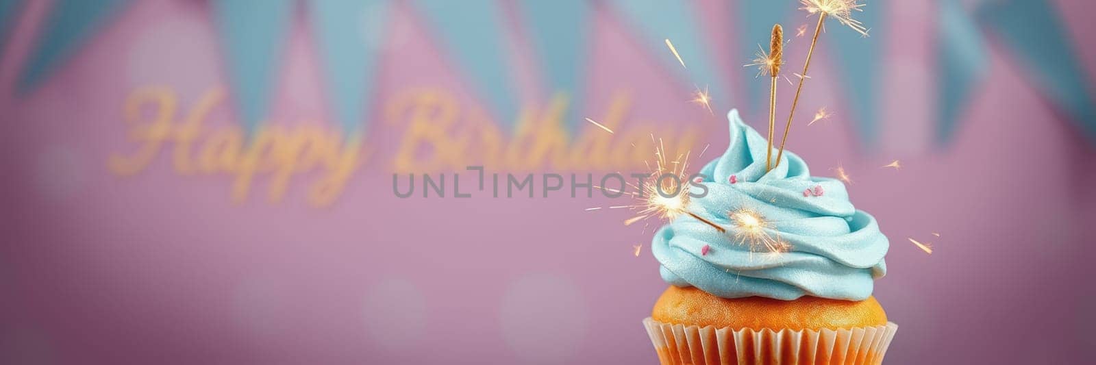 A colorful cupcake topped with light blue frosting features sparklers creating a festive atmosphere. The background displays a cheerful birthday message, enhancing the celebration mood.