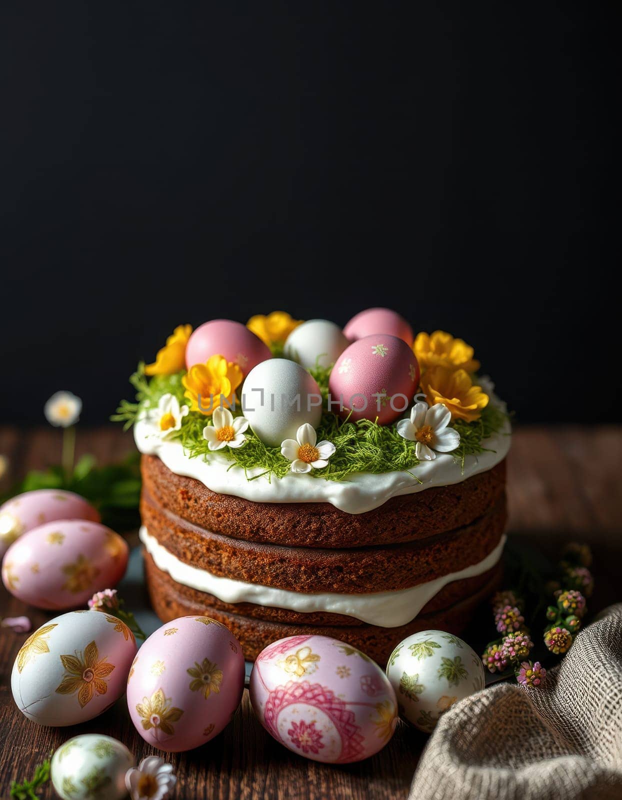 A beautifully decorated cake is topped with pastel-colored eggs and fresh flowers, set on a rustic wooden table. Easter vibes are captured with vibrant decorations.