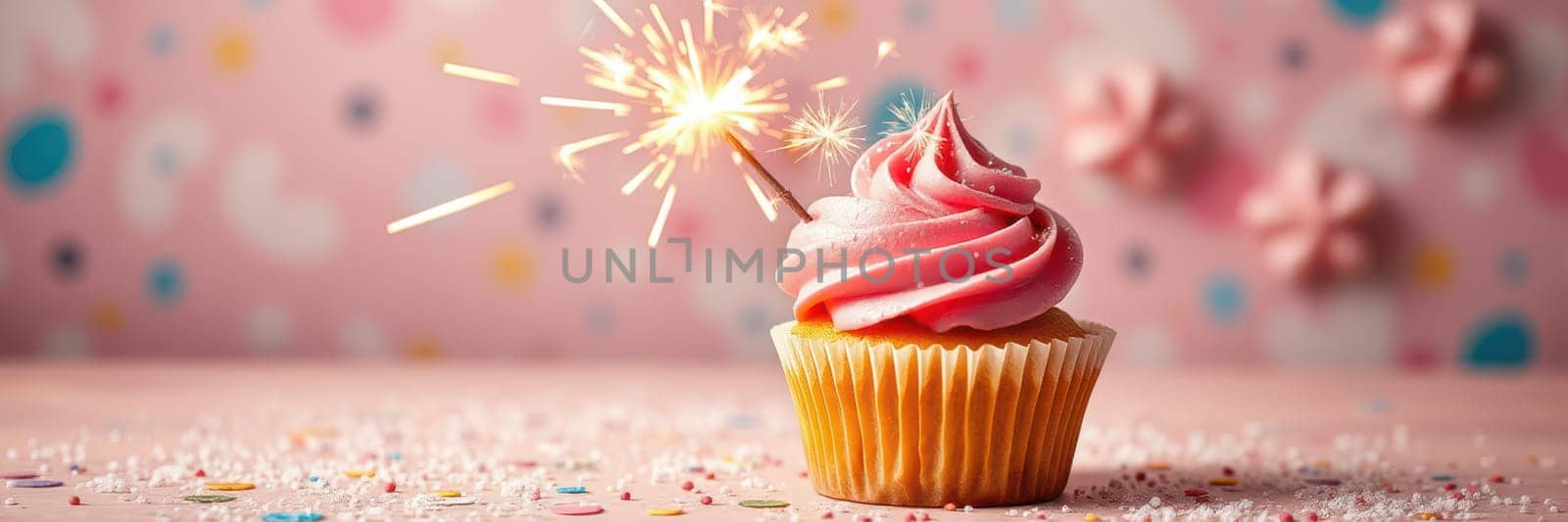 A decorated cupcake topped with pink frosting and a burning sparkler is placed against a vibrant background filled with playful patterns. It creates a celebratory atmosphere.