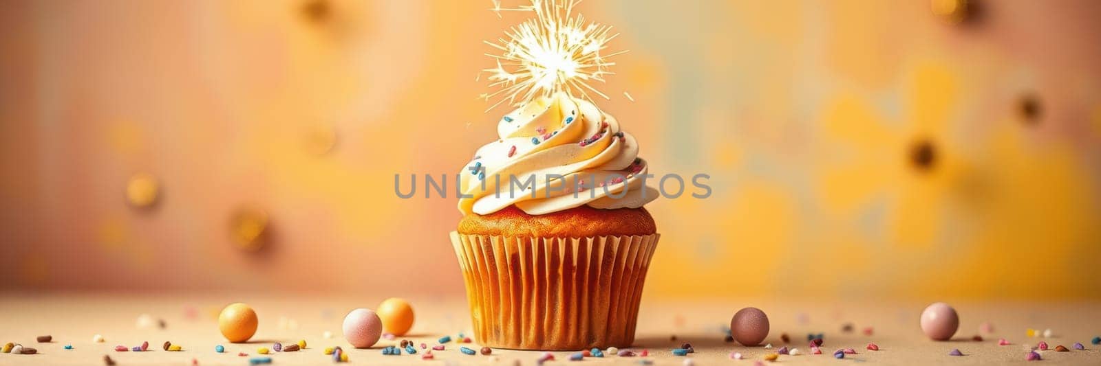 A creamy frosted cupcake sits elegantly on a table, crowned with a sparkling candle. Colorful sprinkles surround the treat, enhancing the celebratory atmosphere.
