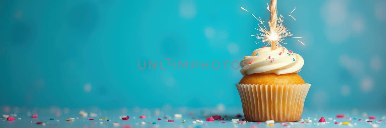 A delicious cupcake adorned with creamy frosting and colorful sprinkles stands proudly with a sparkler, creating a joyful atmosphere for a celebration.