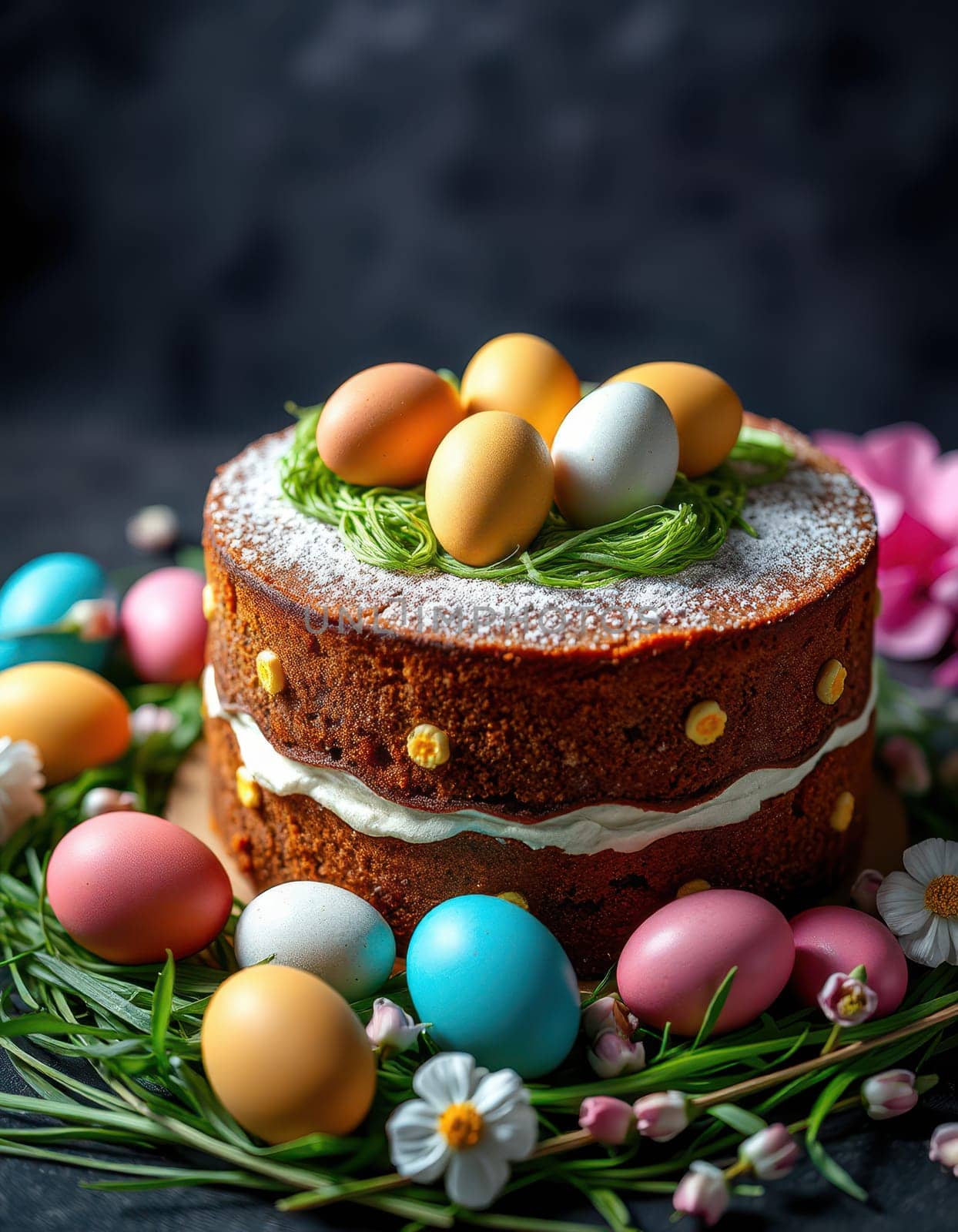 A beautifully designed Easter cake sits on a table surrounded by vibrant colored eggs and delicate flowers. The cake features a creamy layer and festive green decorations.