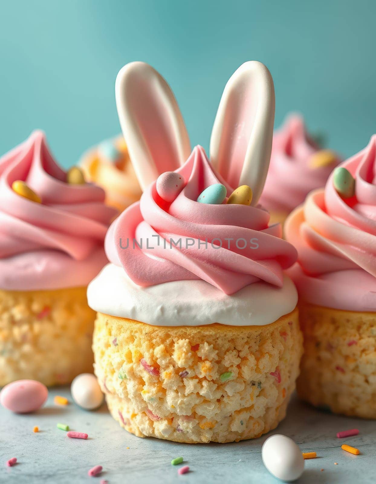 Delicious pastel-colored cupcakes with pink frosting topped with marshmallow bunny ears and colorful candy eggs, perfect for spring festivities and celebrations.