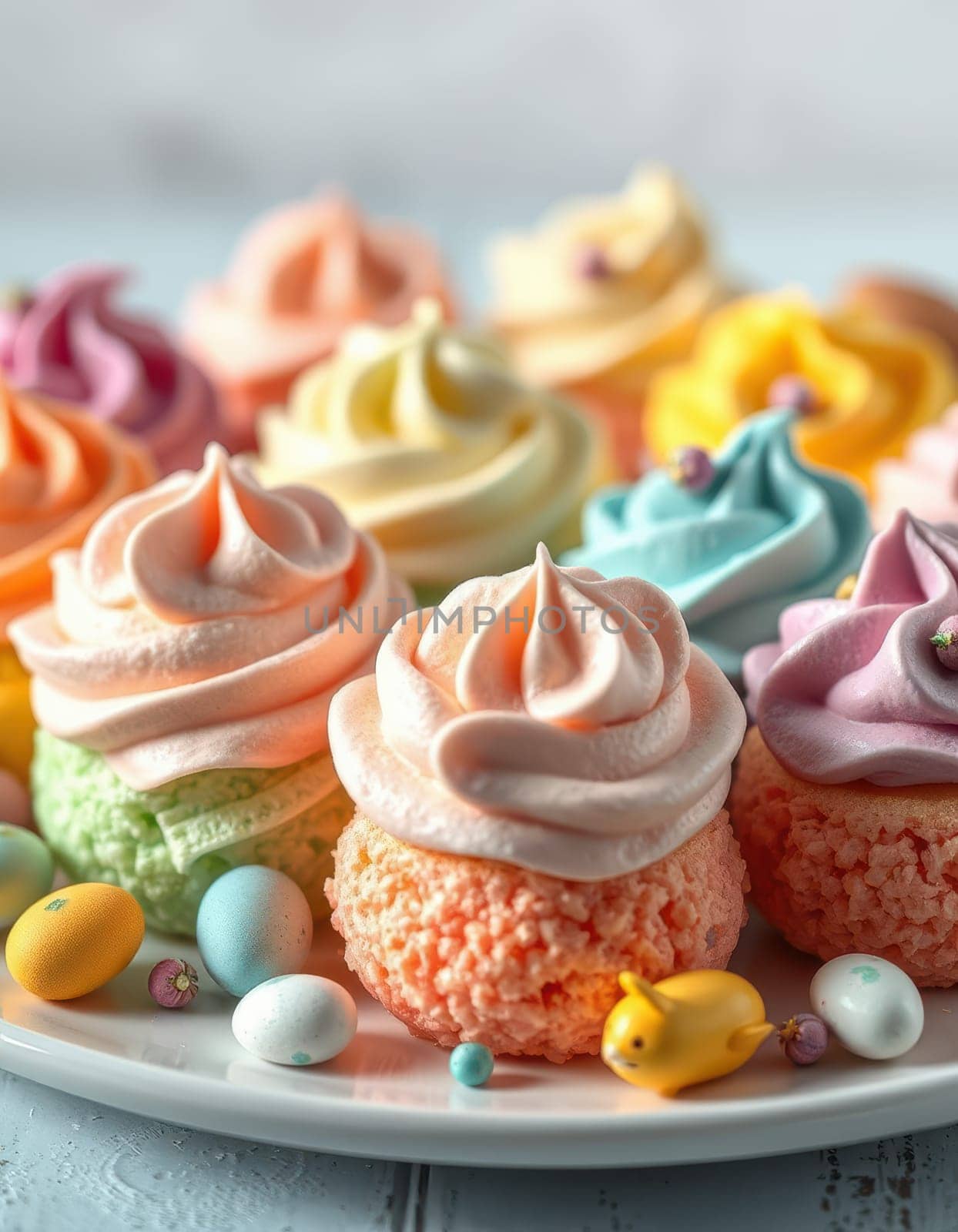 A variety of colorful cupcakes sit on a white plate, each topped with swirled frosting in multiple pastel shades. Small decorative candies surround the sweet treats.