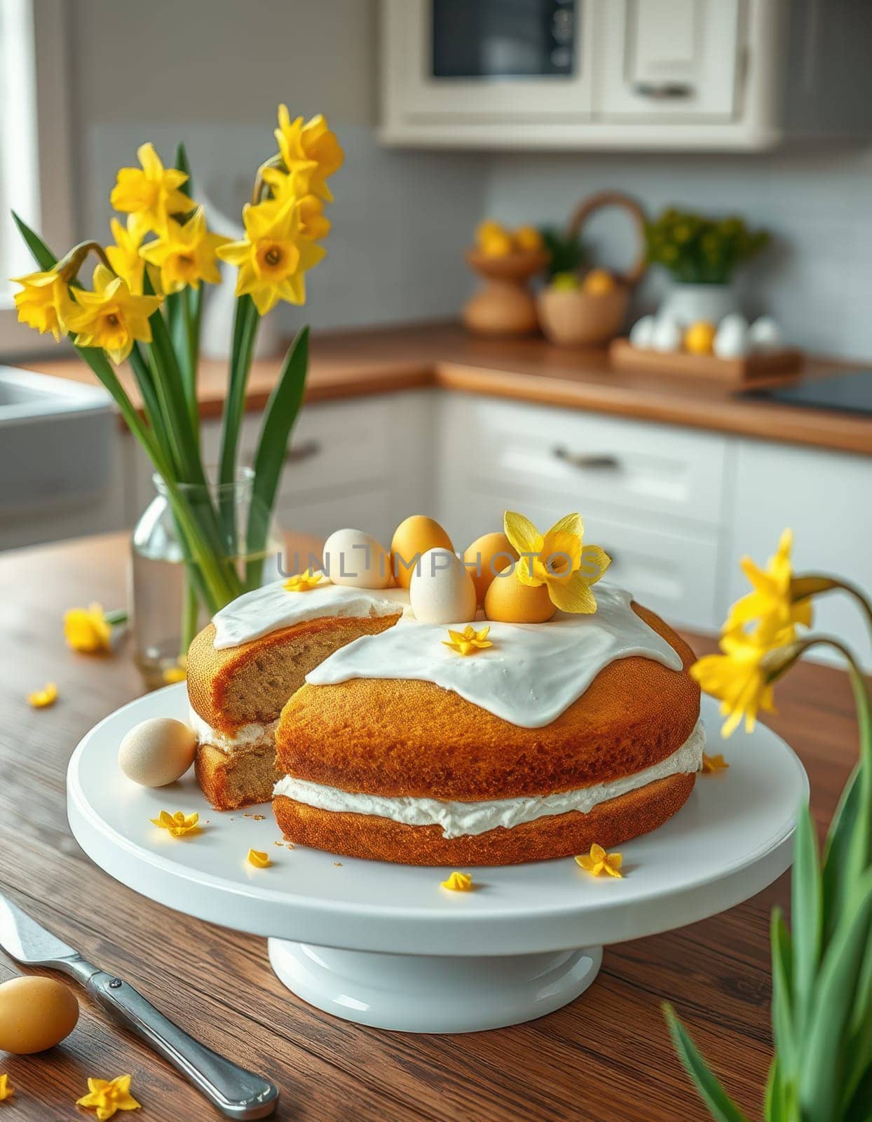 A freshly baked cake sits on a white pedestal adorned with icing, yellow flowers, and small eggs, surrounded by a bright kitchen with wooden accents.