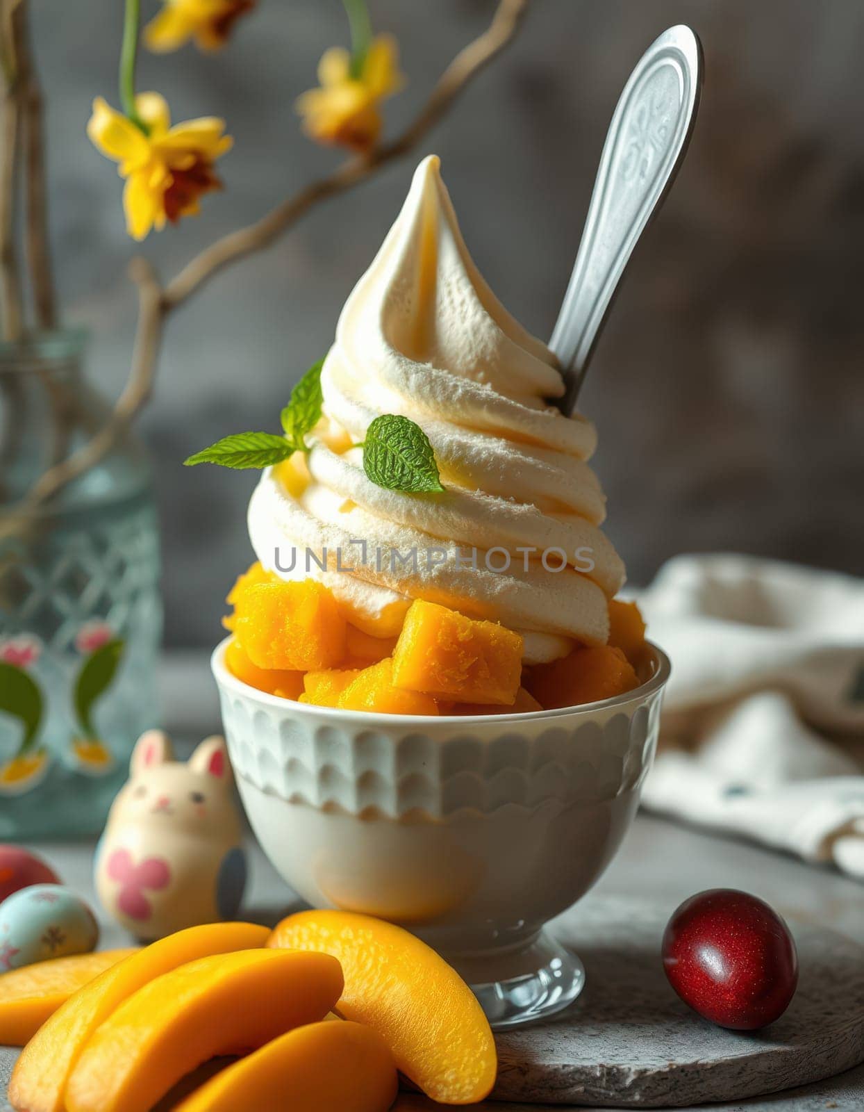 Soft serve ice cream is elegantly swirled, topped with diced mango and peach slices. A rustic bowl holds this delightful treat, surrounded by fresh fruits and cheerful decor.