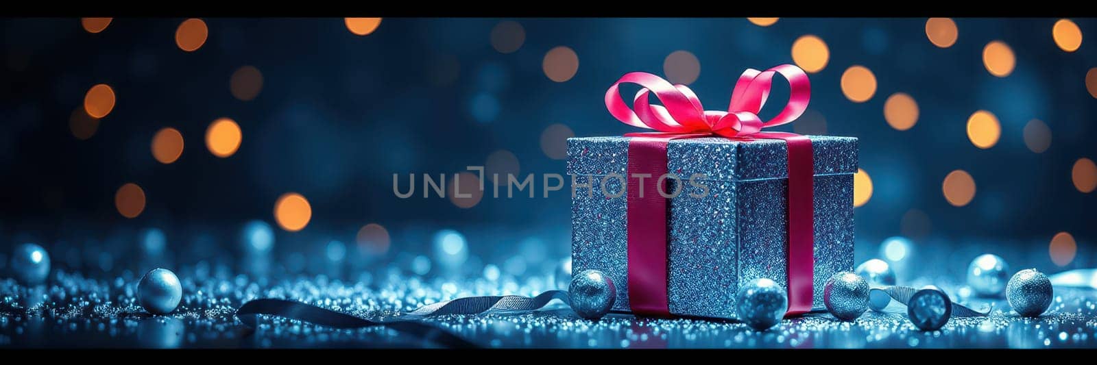 A beautifully wrapped gift box sits on a surface scattered with decorative ornaments. Soft, warm lights create a festive atmosphere, enhancing the holiday spirit.